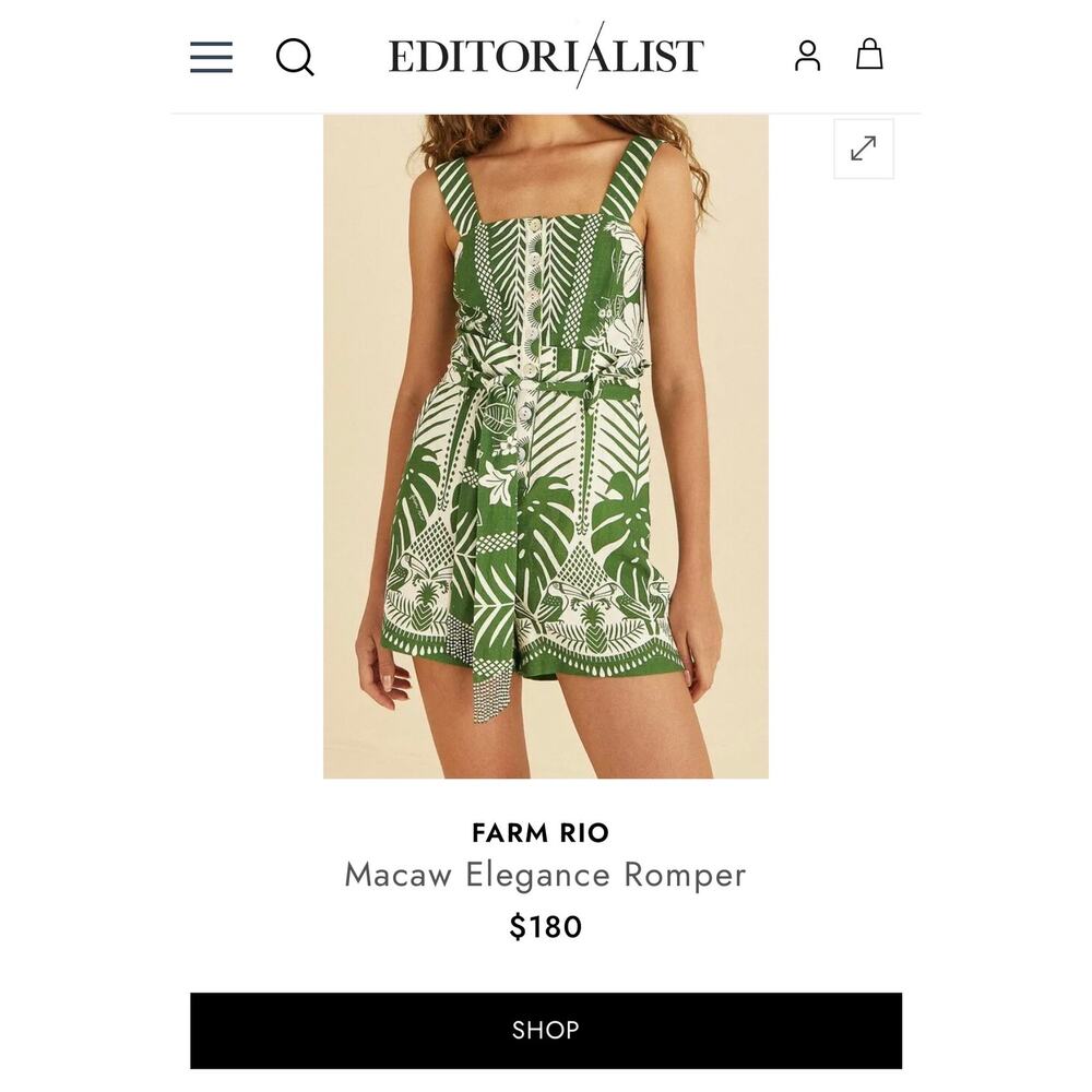 Farm Rio Macaw Elegance Tropical Romper Green Cream Sleeveless M (has call outs)